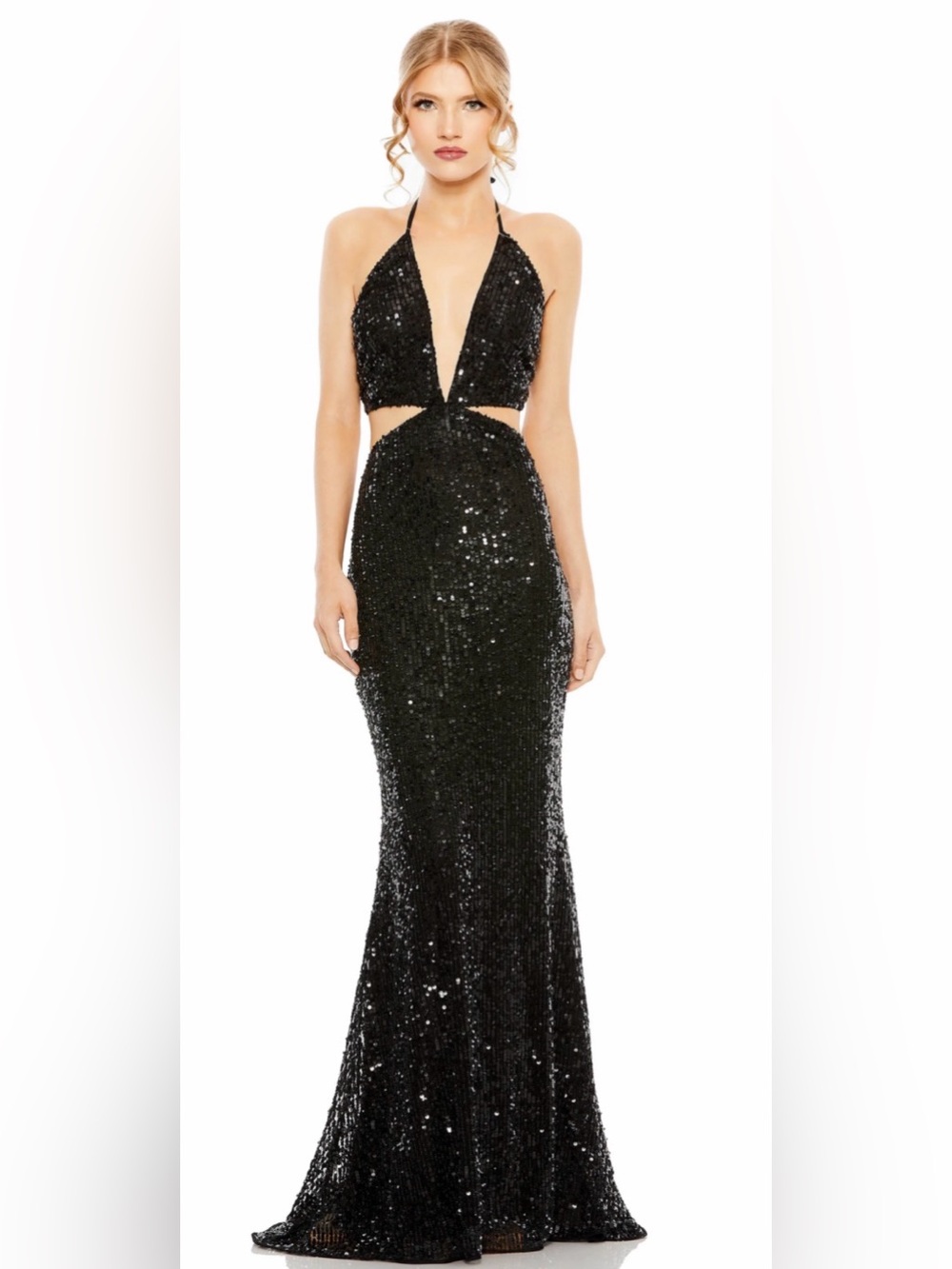 MAC DUGGAL NWT STYLE 93977 Black Cut Out Halter Tie Back Sequin Gown